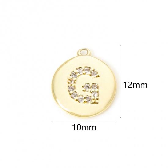 Immagine di 2 Pz Ottone Ciondoli Tondo Placcato Oro 18K Lettera Maiuscola Lettere " G " Micro Spianare Trasparente Cubic Zirconiae 12mm x 10mm