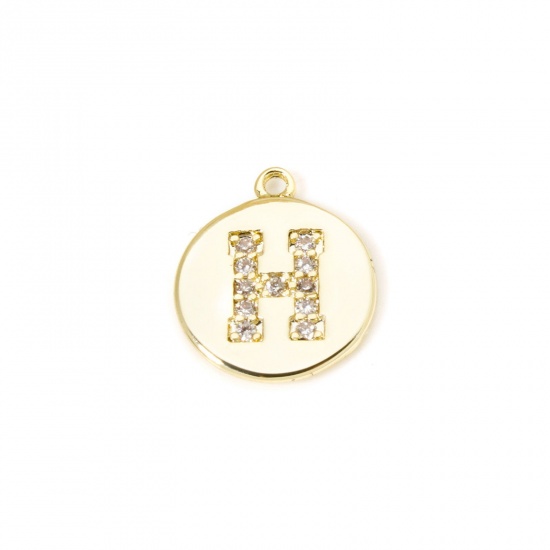 Immagine di 2 Pz Ottone Ciondoli Tondo Placcato Oro 18K Lettera Maiuscola Lettere " H " Micro Spianare Trasparente Cubic Zirconiae 12mm x 10mm