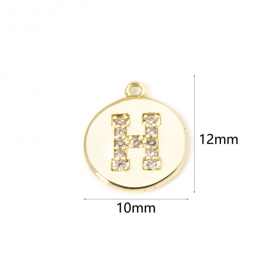 Immagine di 2 Pz Ottone Ciondoli Tondo Placcato Oro 18K Lettera Maiuscola Lettere " H " Micro Spianare Trasparente Cubic Zirconiae 12mm x 10mm