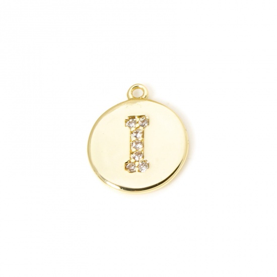 Immagine di 2 Pz Ottone Ciondoli Tondo Placcato Oro 18K Lettera Maiuscola Lettere " I " Micro Spianare Trasparente Cubic Zirconiae 12mm x 10mm