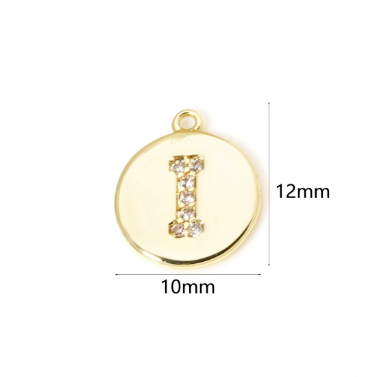 Immagine di 2 Pz Ottone Ciondoli Tondo Placcato Oro 18K Lettera Maiuscola Lettere " I " Micro Spianare Trasparente Cubic Zirconiae 12mm x 10mm