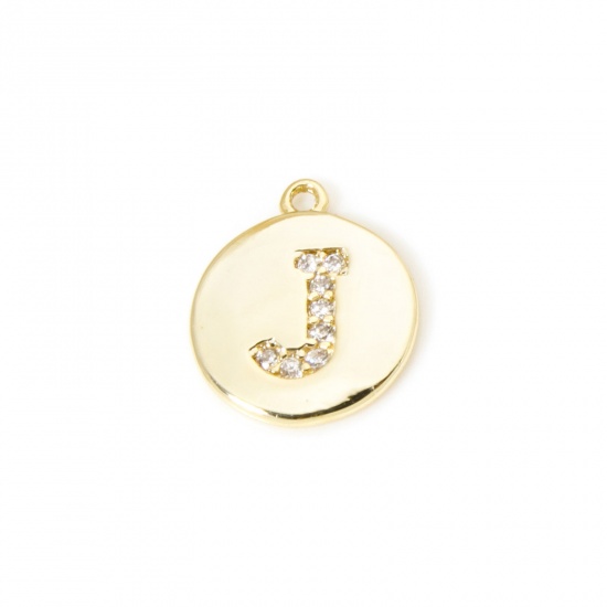 Immagine di 2 Pz Ottone Ciondoli Tondo Placcato Oro 18K Lettera Maiuscola Lettere " J " Micro Spianare Trasparente Cubic Zirconiae 12mm x 10mm
