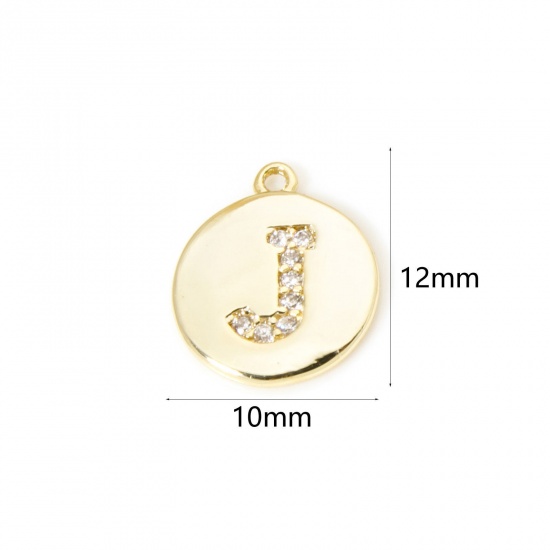 Immagine di 2 Pz Ottone Ciondoli Tondo Placcato Oro 18K Lettera Maiuscola Lettere " J " Micro Spianare Trasparente Cubic Zirconiae 12mm x 10mm