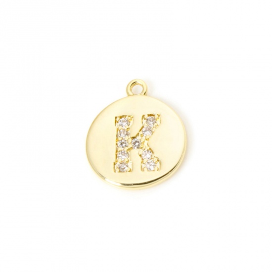 Immagine di 2 Pz Ottone Ciondoli Tondo Placcato Oro 18K Lettera Maiuscola Lettere " K " Micro Spianare Trasparente Cubic Zirconiae 12mm x 10mm