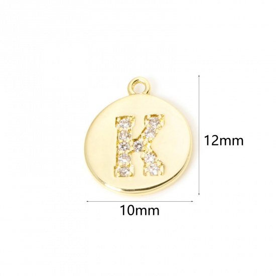 Immagine di 2 Pz Ottone Ciondoli Tondo Placcato Oro 18K Lettera Maiuscola Lettere " K " Micro Spianare Trasparente Cubic Zirconiae 12mm x 10mm
