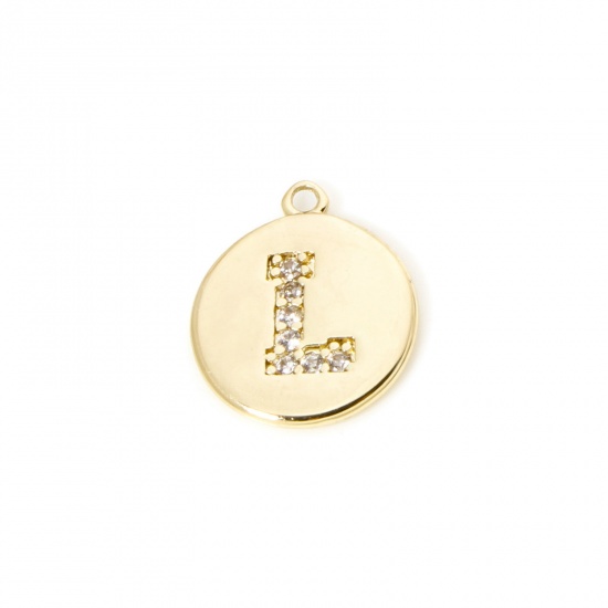 Immagine di 2 Pz Ottone Ciondoli Tondo Placcato Oro 18K Lettera Maiuscola Lettere " L " Micro Spianare Trasparente Cubic Zirconiae 12mm x 10mm