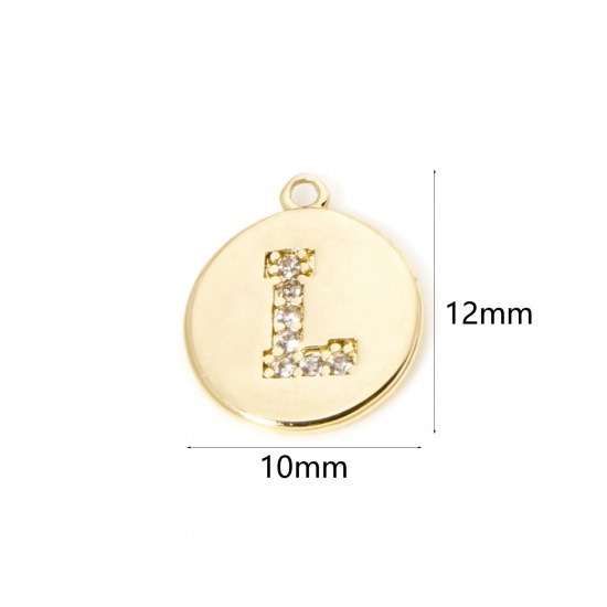 Immagine di 2 Pz Ottone Ciondoli Tondo Placcato Oro 18K Lettera Maiuscola Lettere " L " Micro Spianare Trasparente Cubic Zirconiae 12mm x 10mm