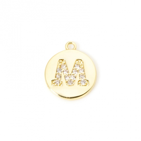 Immagine di 2 Pz Ottone Ciondoli Tondo Placcato Oro 18K Lettera Maiuscola Lettere " M " Micro Spianare Trasparente Cubic Zirconiae 12mm x 10mm