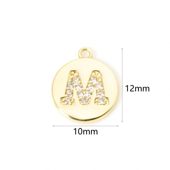 Immagine di 2 Pz Ottone Ciondoli Tondo Placcato Oro 18K Lettera Maiuscola Lettere " M " Micro Spianare Trasparente Cubic Zirconiae 12mm x 10mm