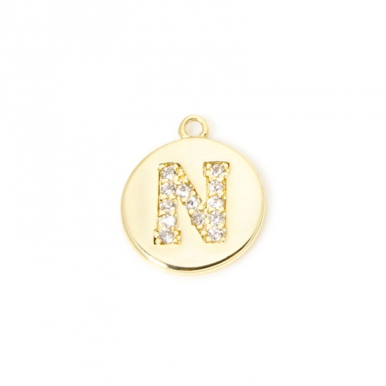 Immagine di 2 Pz Ottone Ciondoli Tondo Placcato Oro 18K Lettera Maiuscola Lettere " N " Micro Spianare Trasparente Cubic Zirconiae 12mm x 10mm
