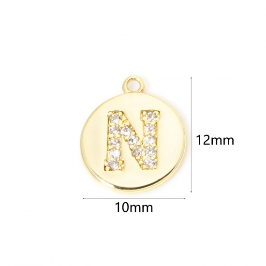 Immagine di 2 Pz Ottone Ciondoli Tondo Placcato Oro 18K Lettera Maiuscola Lettere " N " Micro Spianare Trasparente Cubic Zirconiae 12mm x 10mm