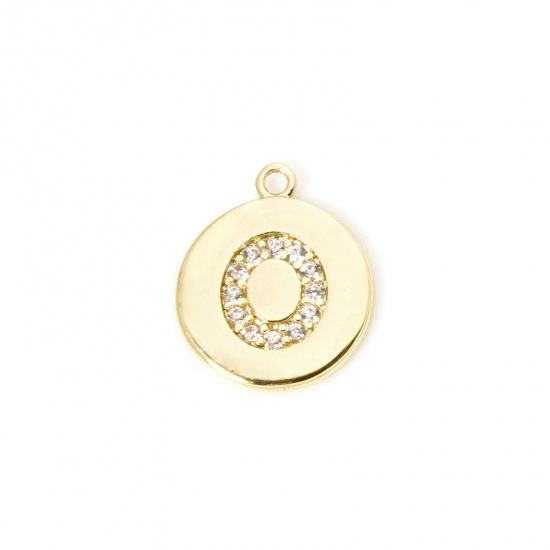 Immagine di 2 Pz Ottone Ciondoli Tondo Placcato Oro 18K Lettera Maiuscola Lettere " O " Micro Spianare Trasparente Cubic Zirconiae 12mm x 10mm
