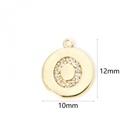 Immagine di 2 Pz Ottone Ciondoli Tondo Placcato Oro 18K Lettera Maiuscola Lettere " O " Micro Spianare Trasparente Cubic Zirconiae 12mm x 10mm