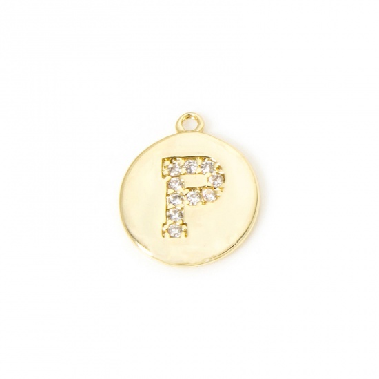 Immagine di 2 Pz Ottone Ciondoli Tondo Placcato Oro 18K Lettera Maiuscola Lettere " P " Micro Spianare Trasparente Cubic Zirconiae 12mm x 10mm