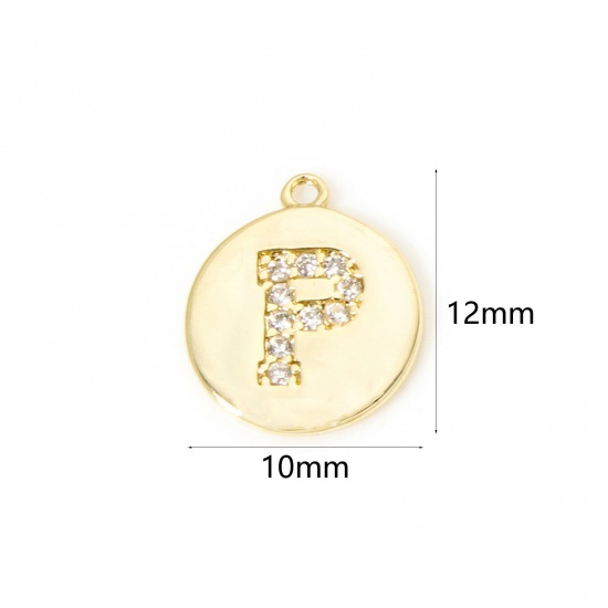 Immagine di 2 Pz Ottone Ciondoli Tondo Placcato Oro 18K Lettera Maiuscola Lettere " P " Micro Spianare Trasparente Cubic Zirconiae 12mm x 10mm