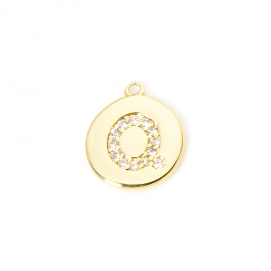 Immagine di 2 Pz Ottone Ciondoli Tondo Placcato Oro 18K Lettera Maiuscola Lettere " Q " Micro Spianare Trasparente Cubic Zirconiae 12mm x 10mm