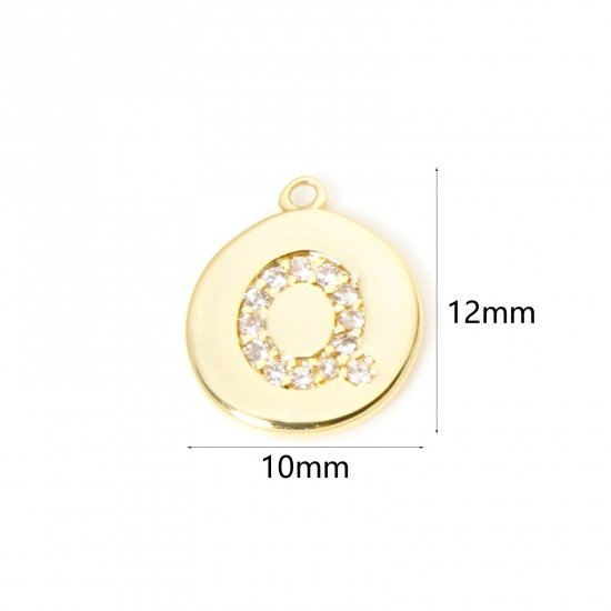 Immagine di 2 Pz Ottone Ciondoli Tondo Placcato Oro 18K Lettera Maiuscola Lettere " Q " Micro Spianare Trasparente Cubic Zirconiae 12mm x 10mm