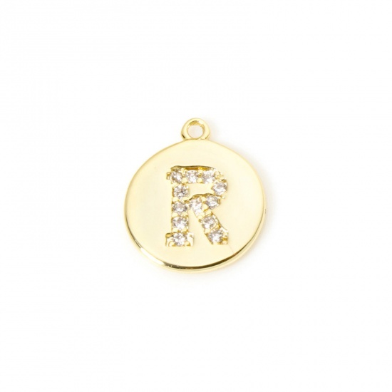 Immagine di 2 Pz Ottone Ciondoli Tondo Placcato Oro 18K Lettera Maiuscola Lettere " R " Micro Spianare Trasparente Cubic Zirconiae 12mm x 10mm