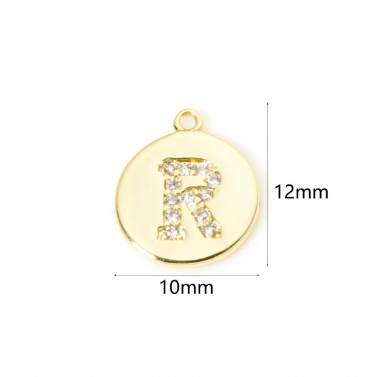 Immagine di 2 Pz Ottone Ciondoli Tondo Placcato Oro 18K Lettera Maiuscola Lettere " R " Micro Spianare Trasparente Cubic Zirconiae 12mm x 10mm