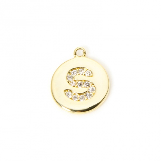 Immagine di 2 Pz Ottone Ciondoli Tondo Placcato Oro 18K Lettera Maiuscola Lettere " S " Micro Spianare Trasparente Cubic Zirconiae 12mm x 10mm