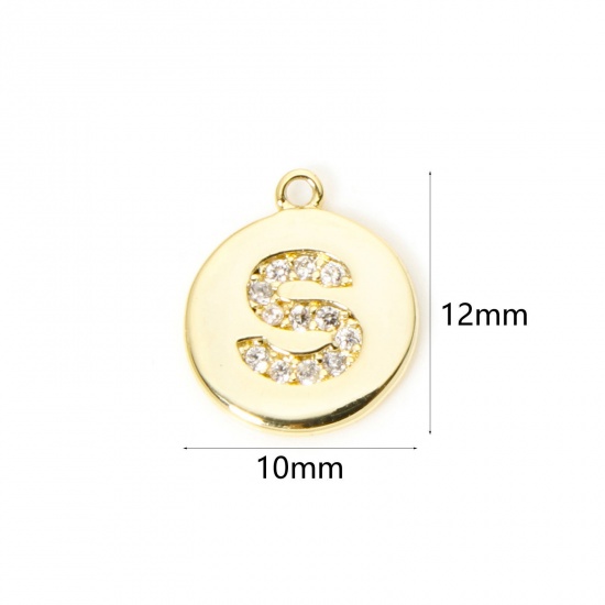 Immagine di 2 Pz Ottone Ciondoli Tondo Placcato Oro 18K Lettera Maiuscola Lettere " S " Micro Spianare Trasparente Cubic Zirconiae 12mm x 10mm