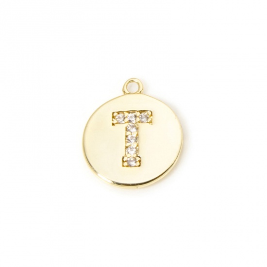 Immagine di 2 Pz Ottone Ciondoli Tondo Placcato Oro 18K Lettera Maiuscola Lettere " T " Micro Spianare Trasparente Cubic Zirconiae 12mm x 10mm