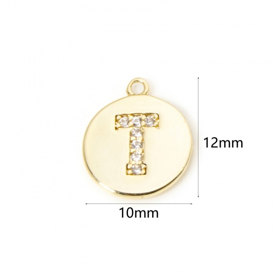 Immagine di 2 Pz Ottone Ciondoli Tondo Placcato Oro 18K Lettera Maiuscola Lettere " T " Micro Spianare Trasparente Cubic Zirconiae 12mm x 10mm