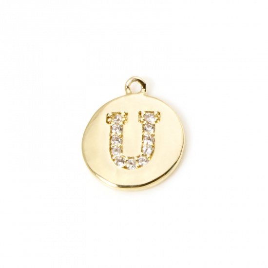Immagine di 2 Pz Ottone Ciondoli Tondo Placcato Oro 18K Lettera Maiuscola Lettere " U " Micro Spianare Trasparente Cubic Zirconiae 12mm x 10mm