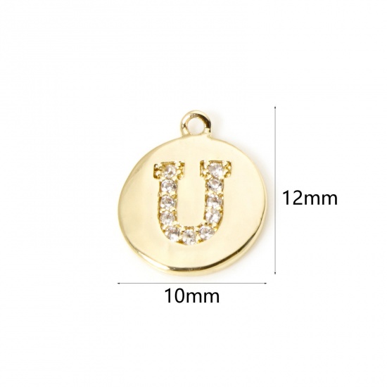 Immagine di 2 Pz Ottone Ciondoli Tondo Placcato Oro 18K Lettera Maiuscola Lettere " U " Micro Spianare Trasparente Cubic Zirconiae 12mm x 10mm