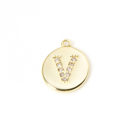Immagine di 2 Pz Ottone Ciondoli Tondo Placcato Oro 18K Lettera Maiuscola Lettere " V " Micro Spianare Trasparente Cubic Zirconiae 12mm x 10mm