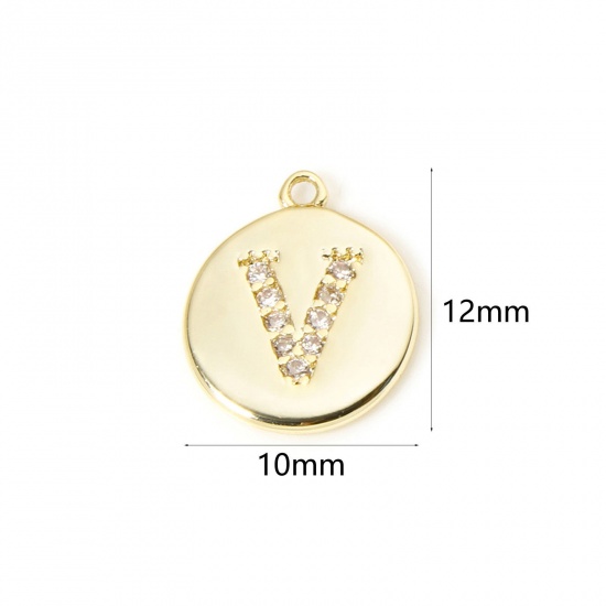 Immagine di 2 Pz Ottone Ciondoli Tondo Placcato Oro 18K Lettera Maiuscola Lettere " V " Micro Spianare Trasparente Cubic Zirconiae 12mm x 10mm