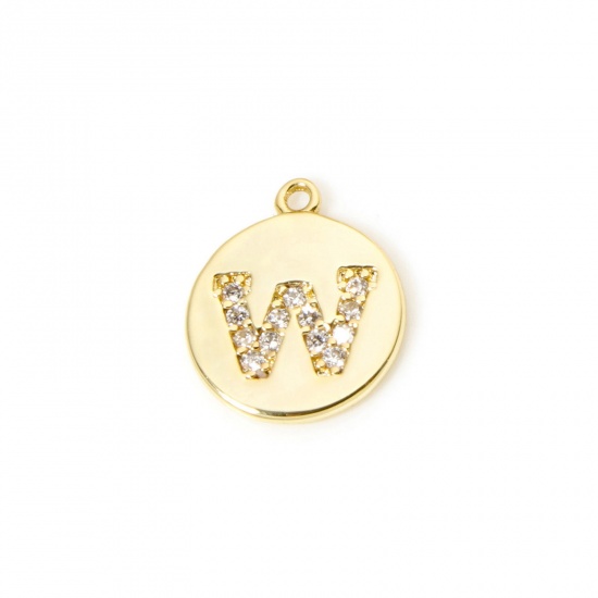 Immagine di 2 Pz Ottone Ciondoli Tondo Placcato Oro 18K Lettera Maiuscola Lettere " W " Micro Spianare Trasparente Cubic Zirconiae 12mm x 10mm