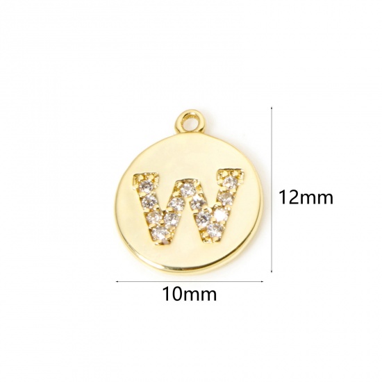 Immagine di 2 Pz Ottone Ciondoli Tondo Placcato Oro 18K Lettera Maiuscola Lettere " W " Micro Spianare Trasparente Cubic Zirconiae 12mm x 10mm