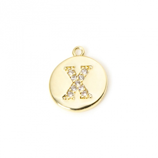 Immagine di 2 Pz Ottone Ciondoli Tondo Placcato Oro 18K Lettera Maiuscola Lettere " X " Micro Spianare Trasparente Cubic Zirconiae 12mm x 10mm