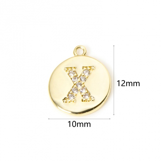 Immagine di 2 Pz Ottone Ciondoli Tondo Placcato Oro 18K Lettera Maiuscola Lettere " X " Micro Spianare Trasparente Cubic Zirconiae 12mm x 10mm
