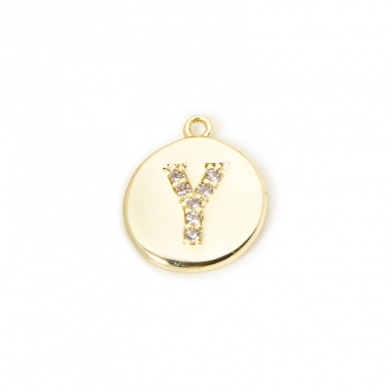 Immagine di 2 Pz Ottone Ciondoli Tondo Placcato Oro 18K Lettera Maiuscola Lettere " Y " Micro Spianare Trasparente Cubic Zirconiae 12mm x 10mm