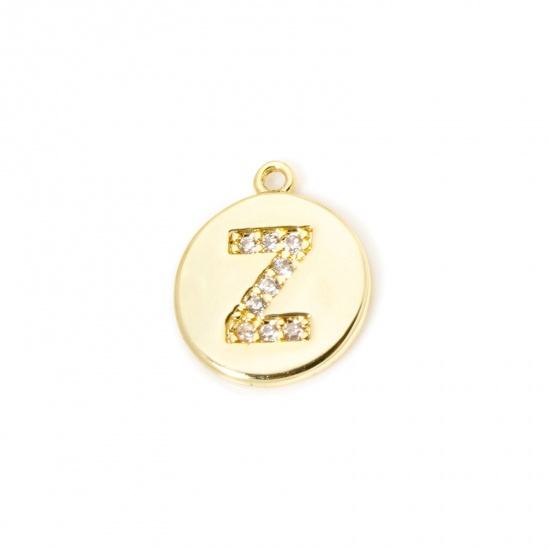 Immagine di 2 Pz Ottone Ciondoli Tondo Placcato Oro 18K Lettera Maiuscola Lettere " Z " Micro Spianare Trasparente Cubic Zirconiae 12mm x 10mm