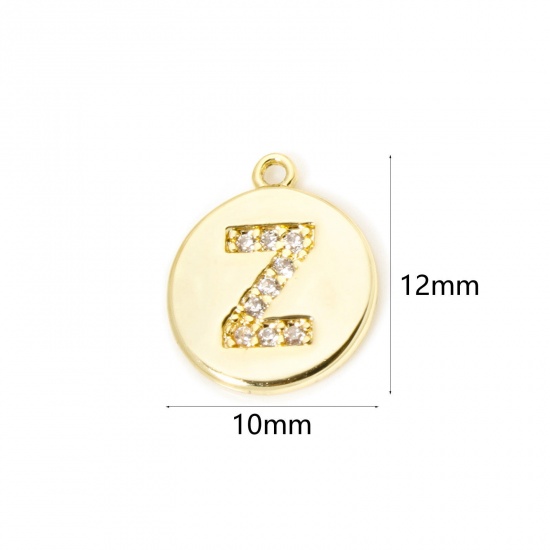 Immagine di 2 Pz Ottone Ciondoli Tondo Placcato Oro 18K Lettera Maiuscola Lettere " Z " Micro Spianare Trasparente Cubic Zirconiae 12mm x 10mm