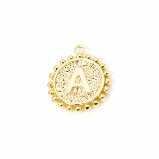 Изображение 2 PCs Brass Charms 18K Gold Plated Round Capital Alphabet Initial Letter Message " A " Double Sided 18mm x 16mm