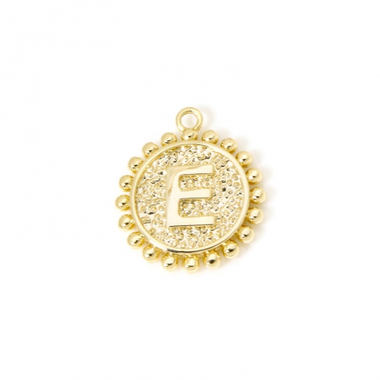 Изображение 2 PCs Brass Charms 18K Gold Plated Round Capital Alphabet Initial Letter Message " E " Double Sided 18mm x 16mm