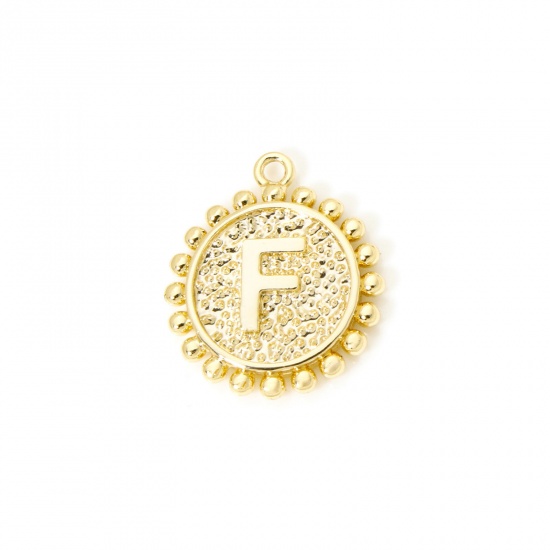 Изображение 2 PCs Brass Charms 18K Gold Plated Round Capital Alphabet Initial Letter Message " F " Double Sided 18mm x 16mm