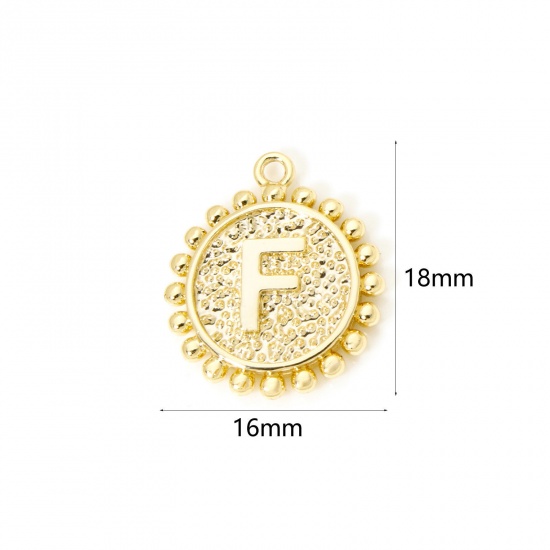 Изображение 2 PCs Brass Charms 18K Gold Plated Round Capital Alphabet Initial Letter Message " F " Double Sided 18mm x 16mm