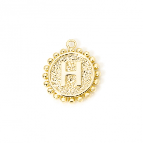 Изображение 2 PCs Brass Charms 18K Gold Plated Round Capital Alphabet Initial Letter Message " H " Double Sided 18mm x 16mm