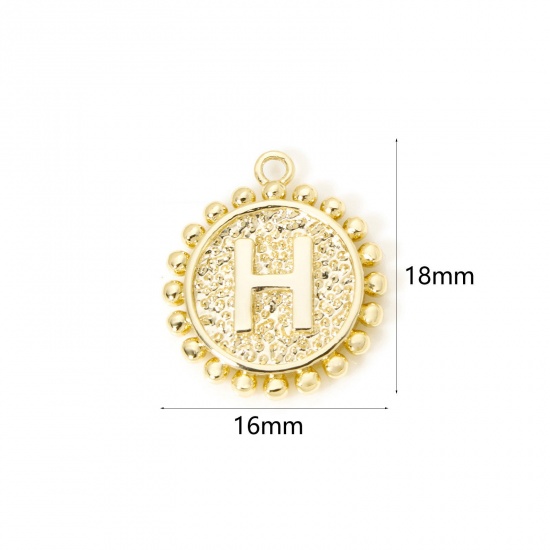 Изображение 2 PCs Brass Charms 18K Gold Plated Round Capital Alphabet Initial Letter Message " H " Double Sided 18mm x 16mm