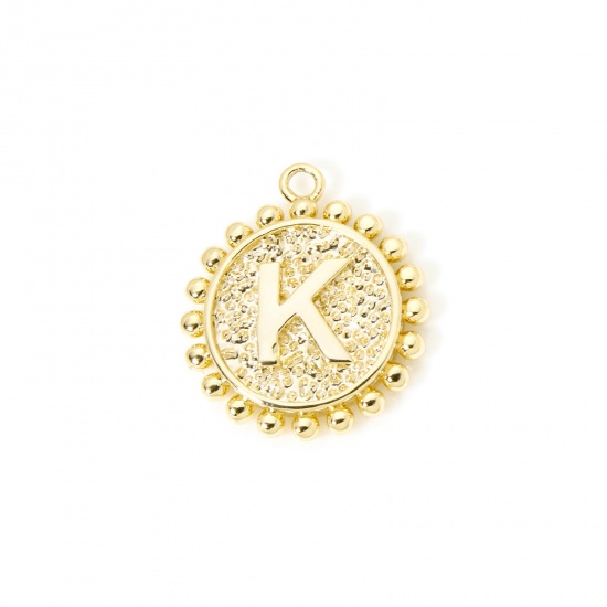 Изображение 2 PCs Brass Charms 18K Gold Plated Round Capital Alphabet Initial Letter Message " K " Double Sided 18mm x 16mm