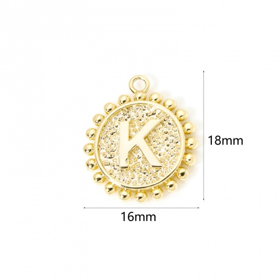 Изображение 2 PCs Brass Charms 18K Gold Plated Round Capital Alphabet Initial Letter Message " K " Double Sided 18mm x 16mm