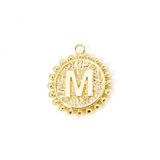 Изображение 2 PCs Brass Charms 18K Gold Plated Round Capital Alphabet Initial Letter Message " M " Double Sided 18mm x 16mm