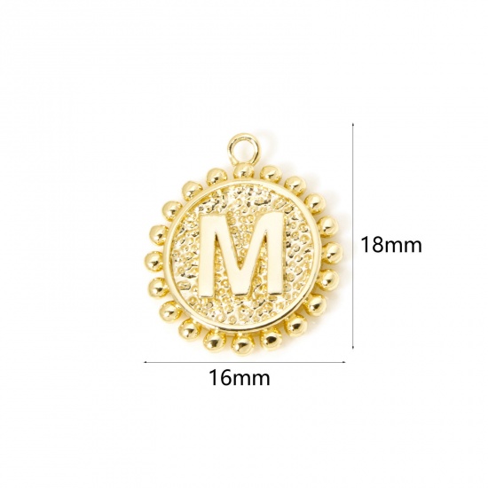 Изображение 2 PCs Brass Charms 18K Gold Plated Round Capital Alphabet Initial Letter Message " M " Double Sided 18mm x 16mm