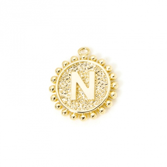 Изображение 2 PCs Brass Charms 18K Gold Plated Round Capital Alphabet Initial Letter Message " N " Double Sided 18mm x 16mm