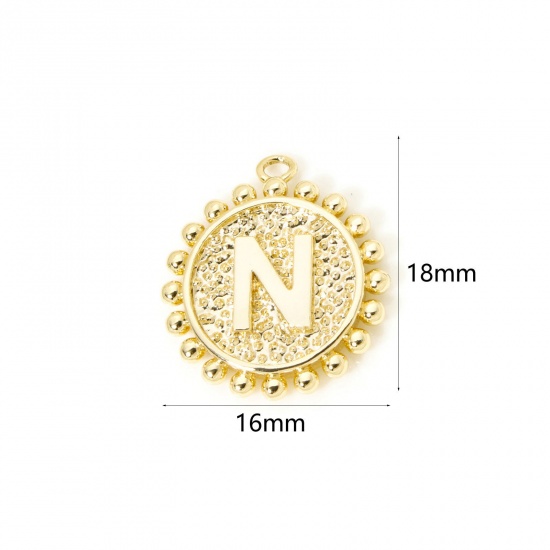 Изображение 2 PCs Brass Charms 18K Gold Plated Round Capital Alphabet Initial Letter Message " N " Double Sided 18mm x 16mm